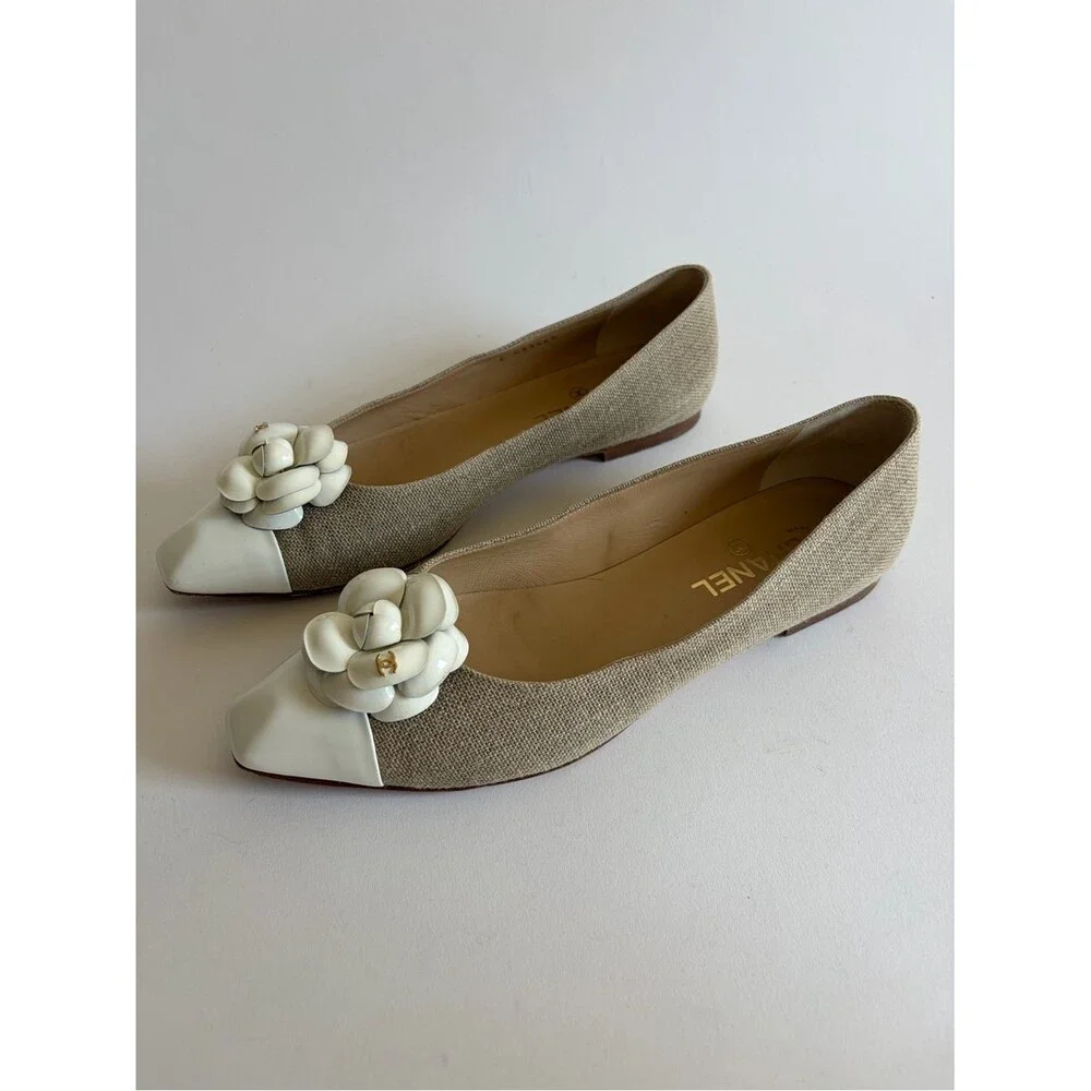 Chanel Tweed Beige and White Camellia Pointed Toe Flats - Picture 1 of 10